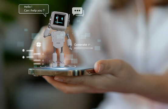 Ai technology concept with artificial intelligence chatbot and generative smart system, robotic, deep learning network, digital assistant, machine learning, algorithm, innovation and data processing