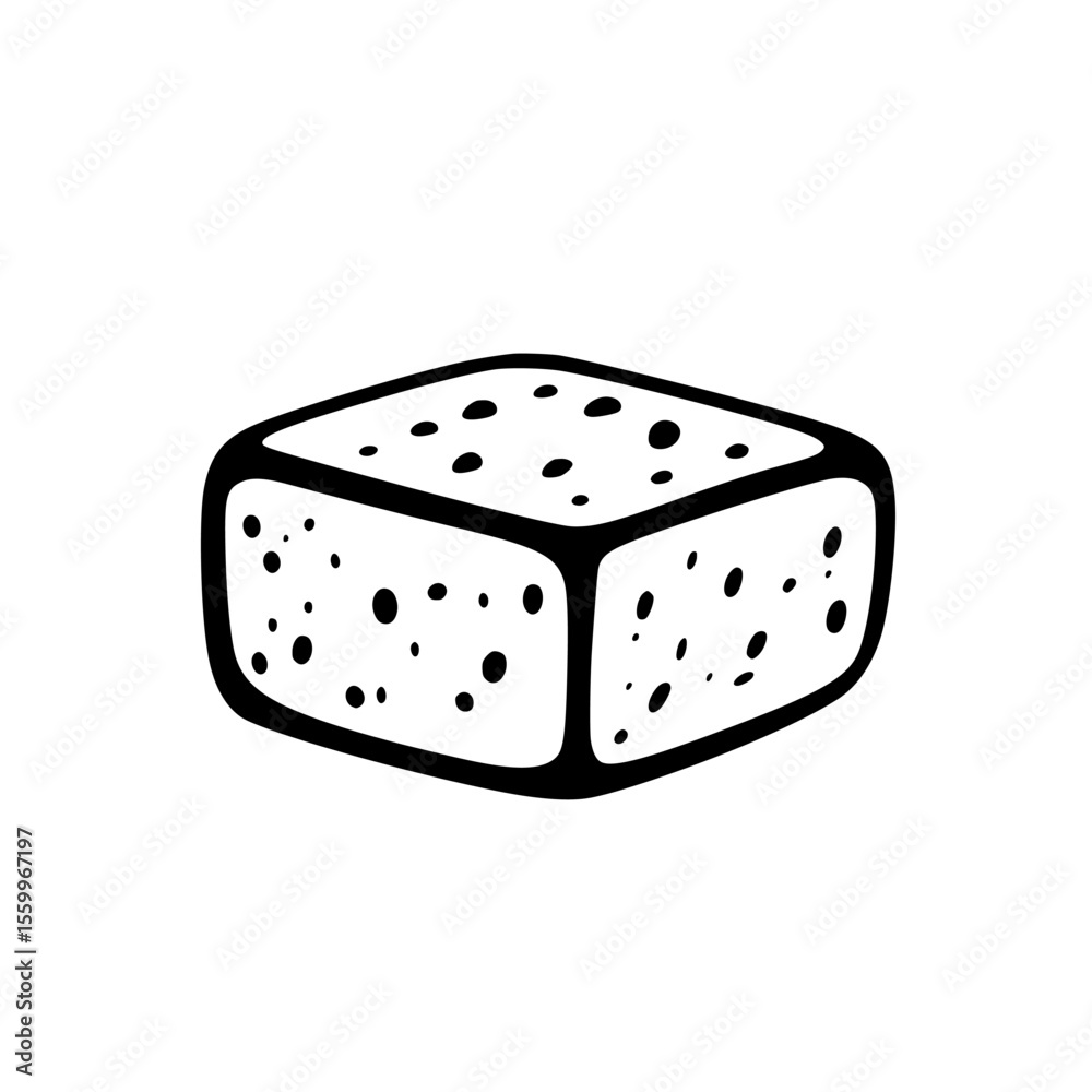 Poster silhouette pictogram of a simple, textured cube shape representing a block in minimalistic style