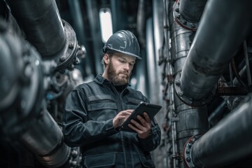 Engineer using tablet computer in oil refinery. Industrial and technology concept.