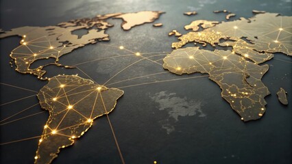 Global network map with golden continents and connecting lines representing worldwide connections