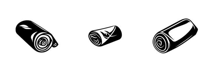 Silhouette pictogram set featuring rolled items isolated on white background for design and illustration purposes