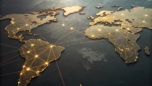 Global network map with golden continents and connecting lines representing worldwide connections