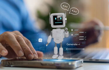 Ai technology concept with artificial intelligence chatbot and generative smart system, robotic, deep learning network, digital assistant, machine learning, algorithm, innovation and data processing
