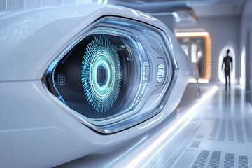 A futuristic biometric security system scanning a persons retina, A high-tech biometric scanner examining a persons retina as part of a security verification process