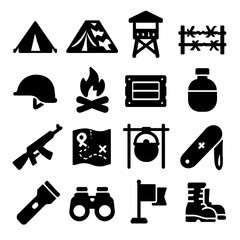 Military Camping Equipment Icons Set
