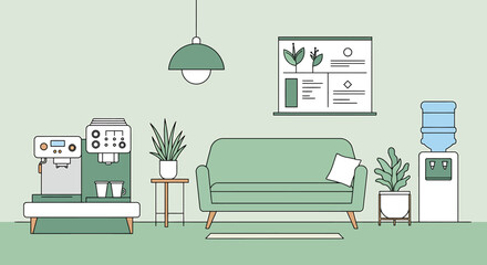 Minimalist Office Interior with Coffee Machine, Sofa, and Plants.