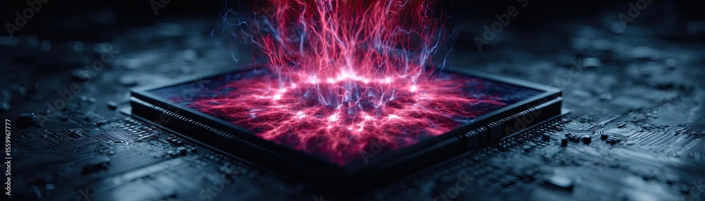 Poster Hybrid processor in plasma development concept. Vibrant energy burst emanating from a futuristic device.