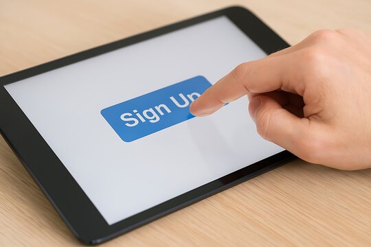 A finger presses 'Sign Up' button on a tablet, set on a wood table, digitally engaging user.