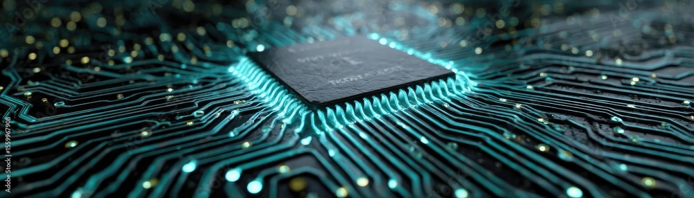 Aufkleber Hybrid processor in plasma development concept. Close-up of a microchip on a circuit board with glowing elements.
