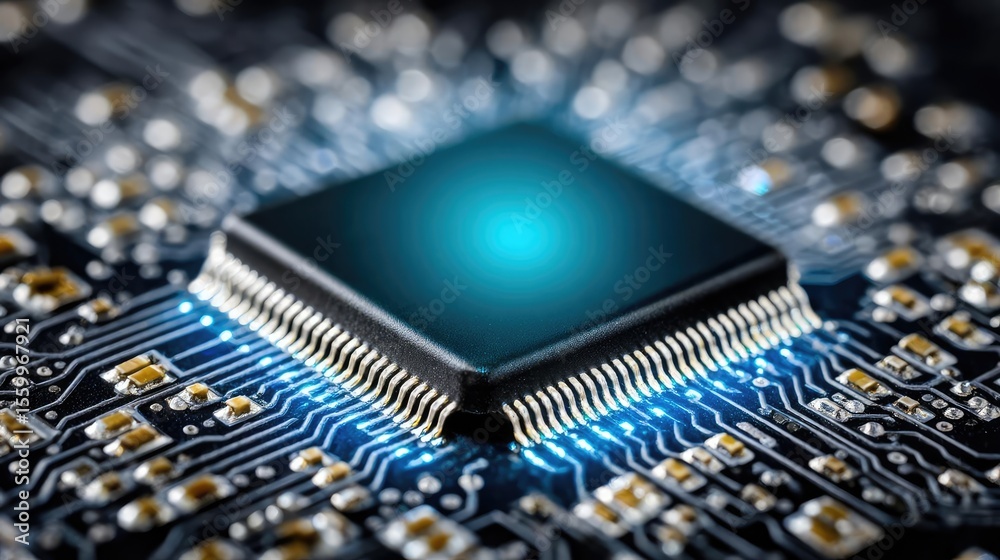 Poster Adaptive chip and programmable integration concept. Close-up of a microchip with glowing elements on a circuit board.