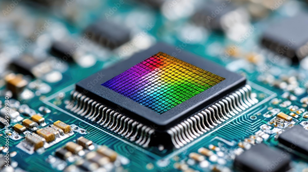 Aufkleber Adaptive chip and programmable integration concept. Close-up of a colorful microchip on a circuit board.
