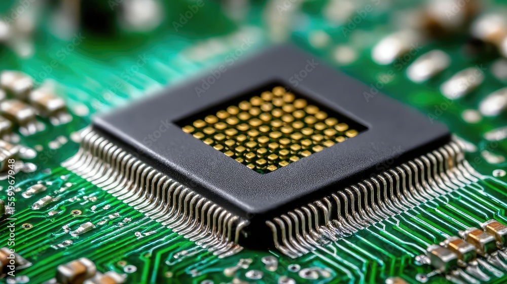 Aufkleber Adaptive chip and programmable integration concept. Close-up of a microchip on a green circuit board.