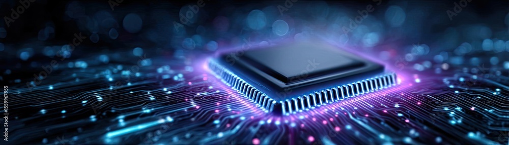 Poster Adaptive chip and programmable integration concept. Futuristic microchip glowing with vibrant lights on a circuit board.