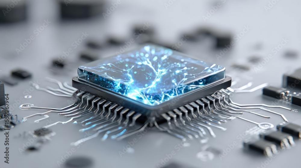 Aufkleber Hybrid processor in plasma development concept. High-tech microchip with glowing connections and energy effects.