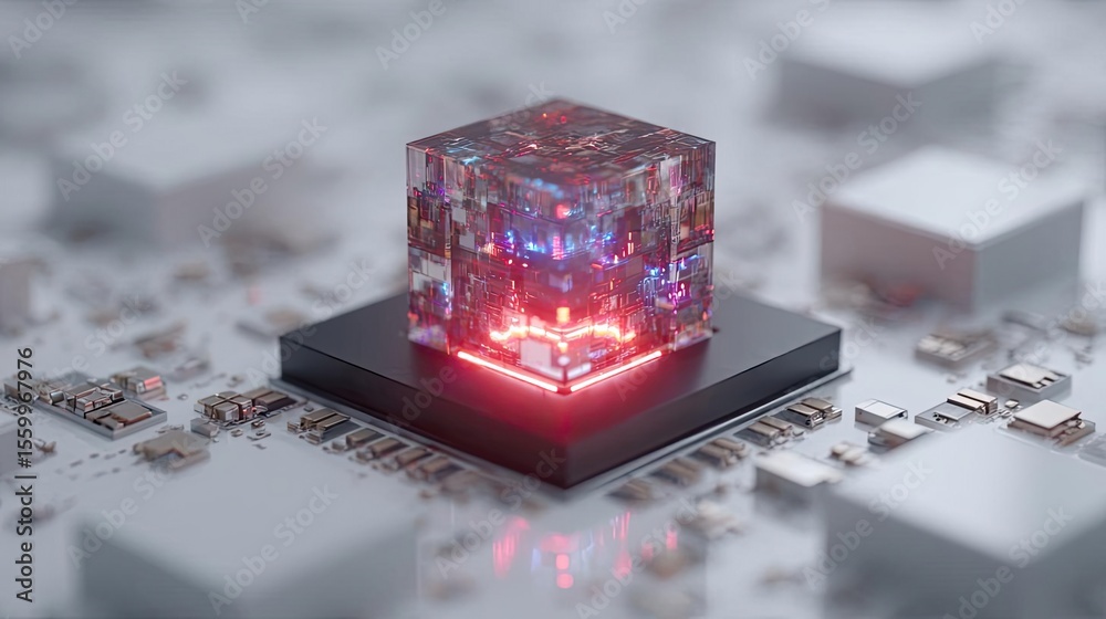 Poster Hybrid processor in plasma development concept. A glowing, futuristic computer chip on a circuit board.