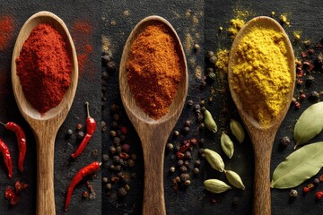 Three wooden spoons filled with different spices
