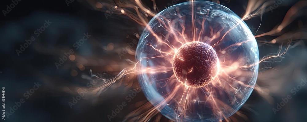 Aufkleber Hybrid processor in plasma development concept. Abstract representation of energy and atomic physics dynamics.