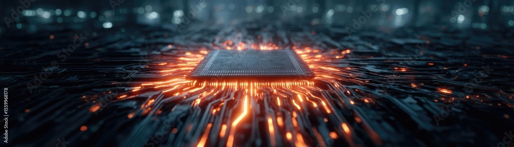 Aufkleber Hybrid processor in plasma development concept. Futuristic circuit board with glowing elements and microchip.