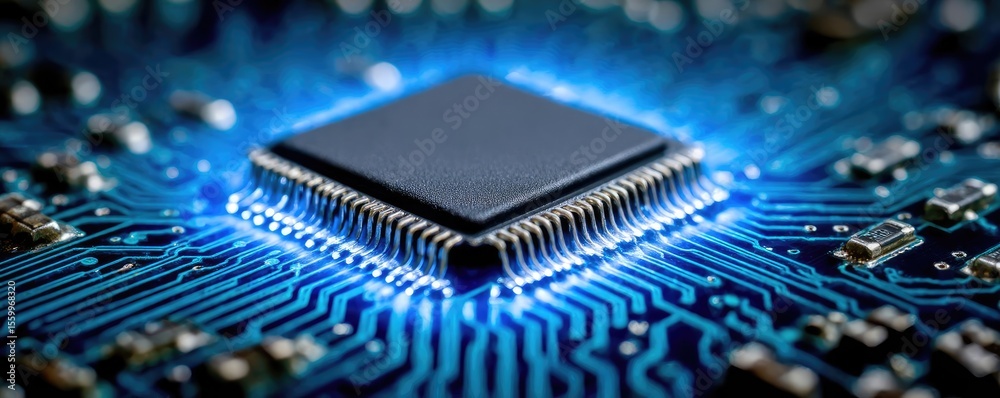 Poster Adaptive chip and programmable integration concept. Close-up of a computer microprocessor on a circuit board.