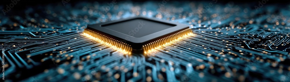 Poster Adaptive chip and programmable integration concept. Close-up view of a microprocessor on a circuit board.