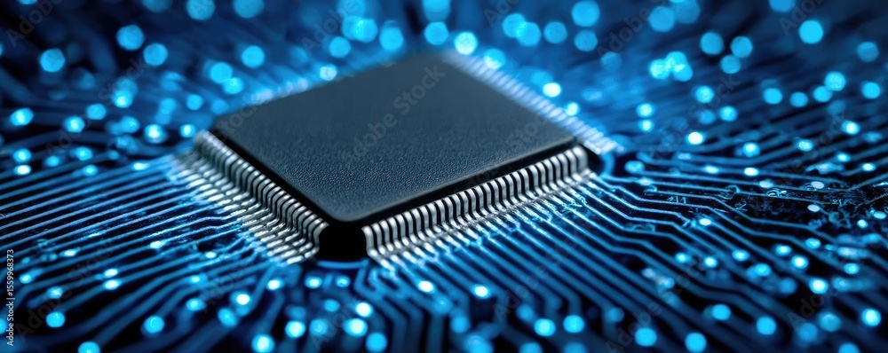 Aufkleber Adaptive chip and programmable integration concept. Close-up of a microchip surrounded by blue circuit patterns.