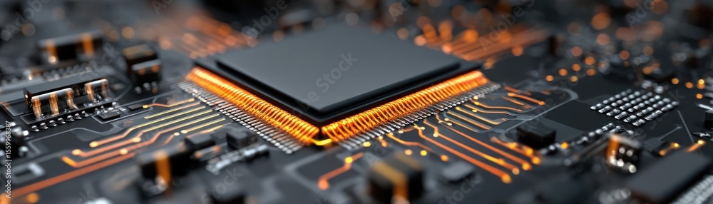 Aufkleber Adaptive chip and programmable integration concept. Close-up of a microchip on a circuit board with vivid details.