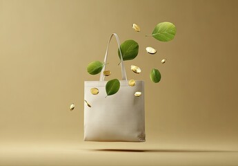 Beige tote bag, floating, leaves, coins