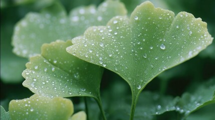 Raindrops dance on verdant ginkgo leaves, evoking an ancient herbal symphony, perfect for Hanami reflection or Arbor Day celebration
