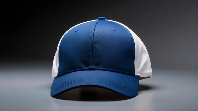 Stylish two-tone baseball cap in blue and white rotating on a gray surface showcasing its design and sporty fashion appeal