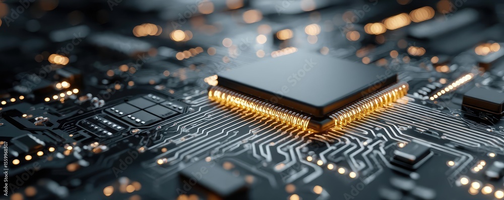 Aufkleber Adaptive chip and programmable integration concept. Close-up of a microchip on a circuit board with glowing lights.