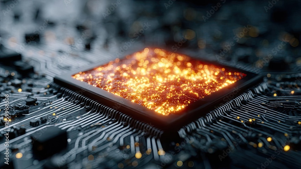 Aufkleber Hybrid processor in plasma development concept. Close-up of a glowing microchip on a circuit board with intricate details.