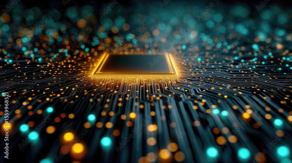 Poster Hybrid processor in plasma development concept. Futuristic circuit board with glowing lights and microchip details.