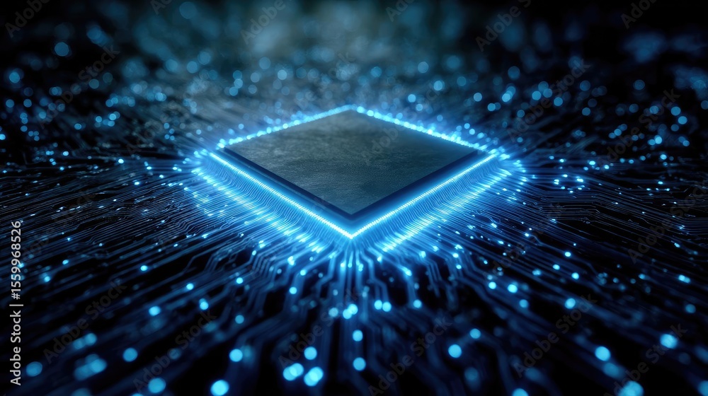 Poster Hybrid processor in plasma development concept. Futuristic microchip emitting glowing blue data particles.