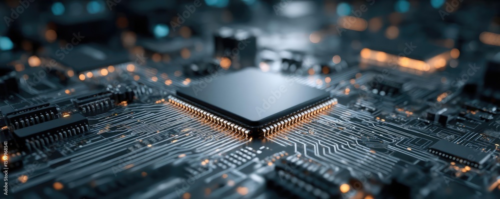 Aufkleber Adaptive chip and programmable integration concept. Close-up of a microchip on a circuit board with glowing elements.