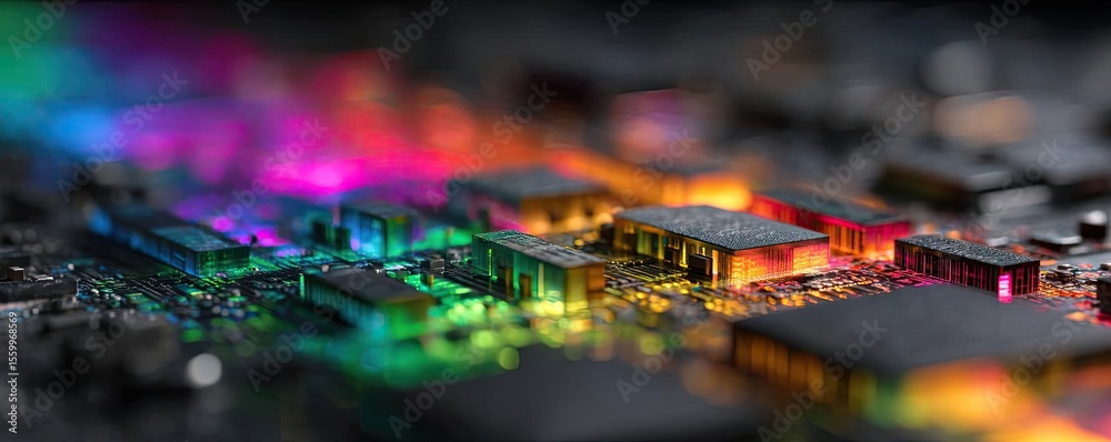 Poster Adaptive chip and programmable integration concept. Close-up of a vibrant circuit board with colorful lights.