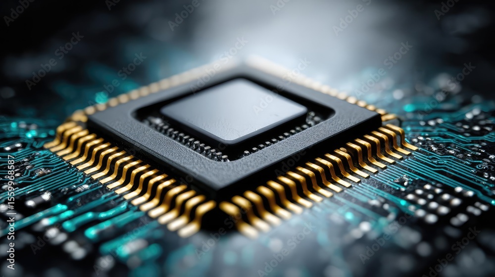 Aufkleber Adaptive chip and programmable integration concept. Close-up of a microchip on a circuit board with intricate details.