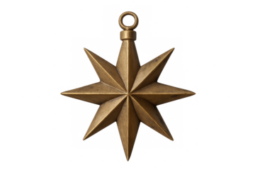 Eight-pointed golden star ornament hanging on transparent background