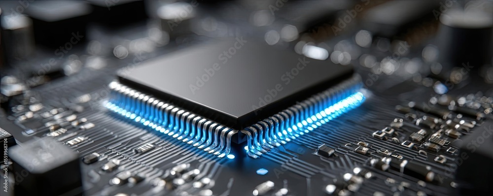Poster Adaptive chip and programmable integration concept. Close-up of a CPU on a computer motherboard with blue lighting.