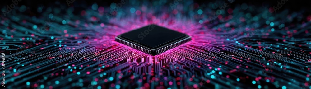 Aufkleber Adaptive chip and programmable integration concept. Futuristic microchip surrounded by colorful digital circuits.