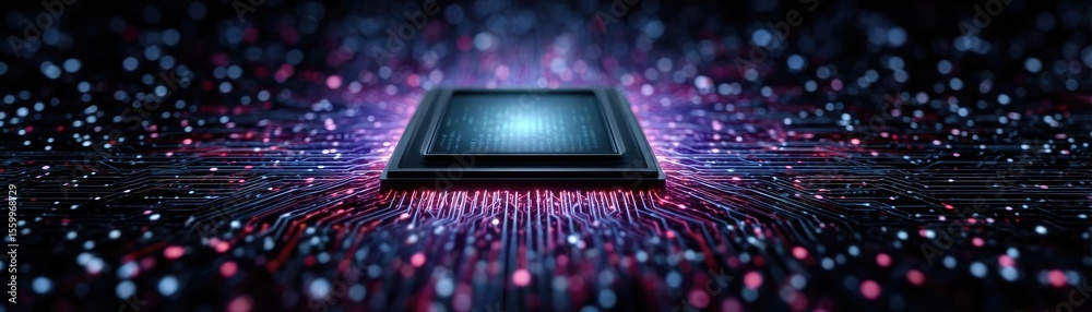 Aufkleber Adaptive chip and programmable integration concept. Abstract image of a microchip illuminated in vibrant colors.