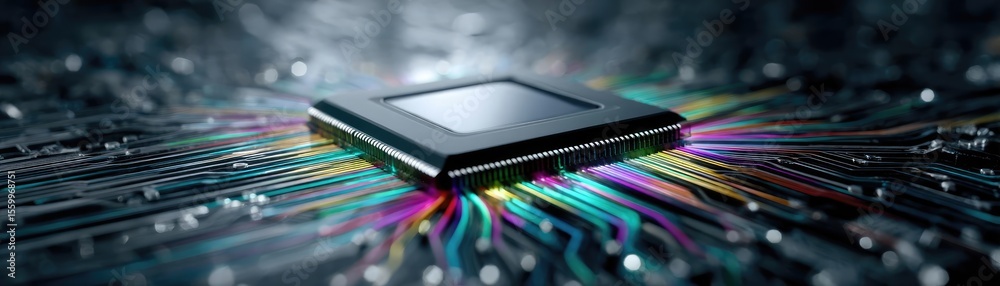 Aufkleber Adaptive chip and programmable integration concept. Close-up of a microchip with colorful circuit connections.