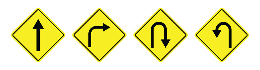 U-Turn and Direction Arrow Icons Set | One Way, Left & Right Turn Symbols with Long Shadow Vector Illustration on White Background