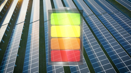3D battery graphic animation over photovoltaic solar panel farm, aerial view