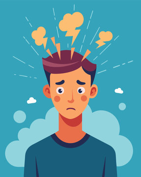 A flurry of racing thoughts pained expressions and clenched fists exploding out of a persons head depicting the physical and emotional toll of stress.. Vector illustration