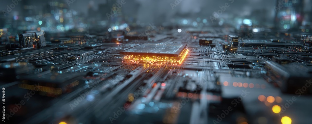 Aufkleber Hybrid processor in plasma development concept. A futuristic circuit board illuminated with orange light.