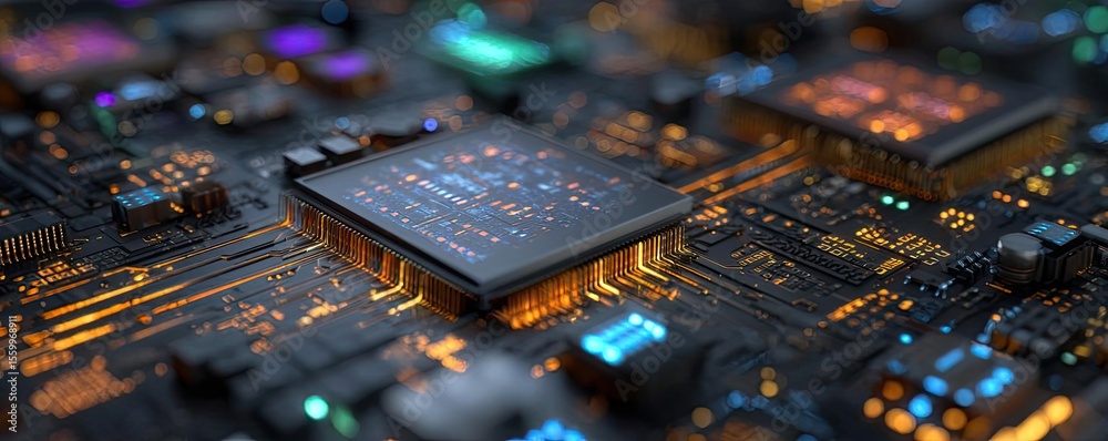 Poster Hybrid processor in plasma development concept. Close-up of a vibrant circuit board with glowing components.