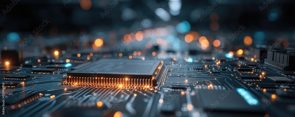 Aufkleber Hybrid processor in plasma development concept. Close-up of a microchip on a circuit board with glowing elements.