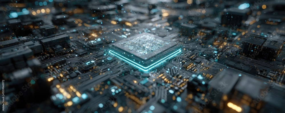 Aufkleber Hybrid processor in plasma development concept. Close-up view of a futuristic microchip on a circuit board.