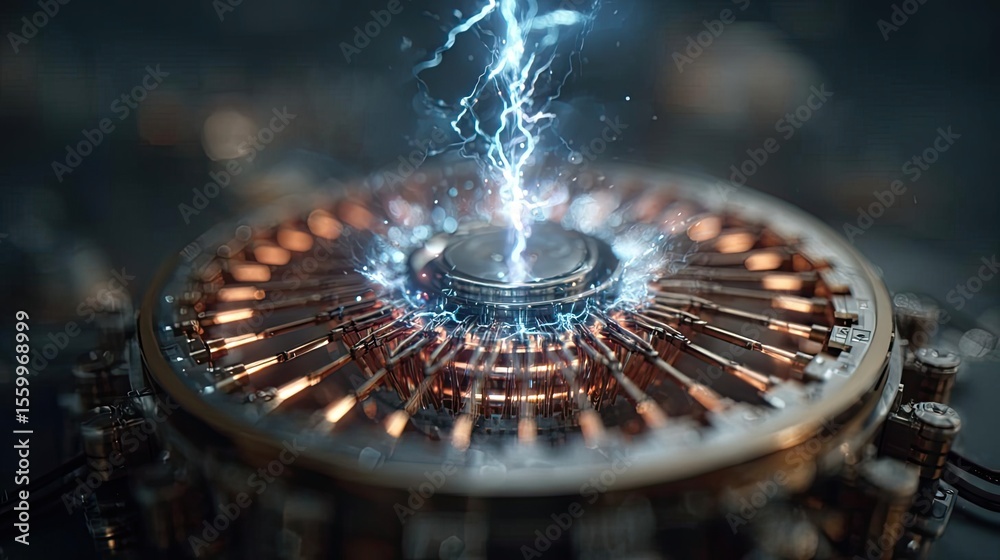 Poster Hybrid processor in plasma development concept. A close-up view of a futuristic energy generator with electric pulse.