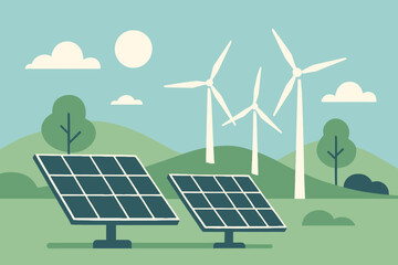 Solar Panels and Wind Turbines in a Green Energy Landscape Illustration